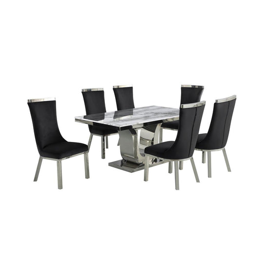 7pc dining set- Recatngle Marble table with a U shape base and 6 side chairs in Black