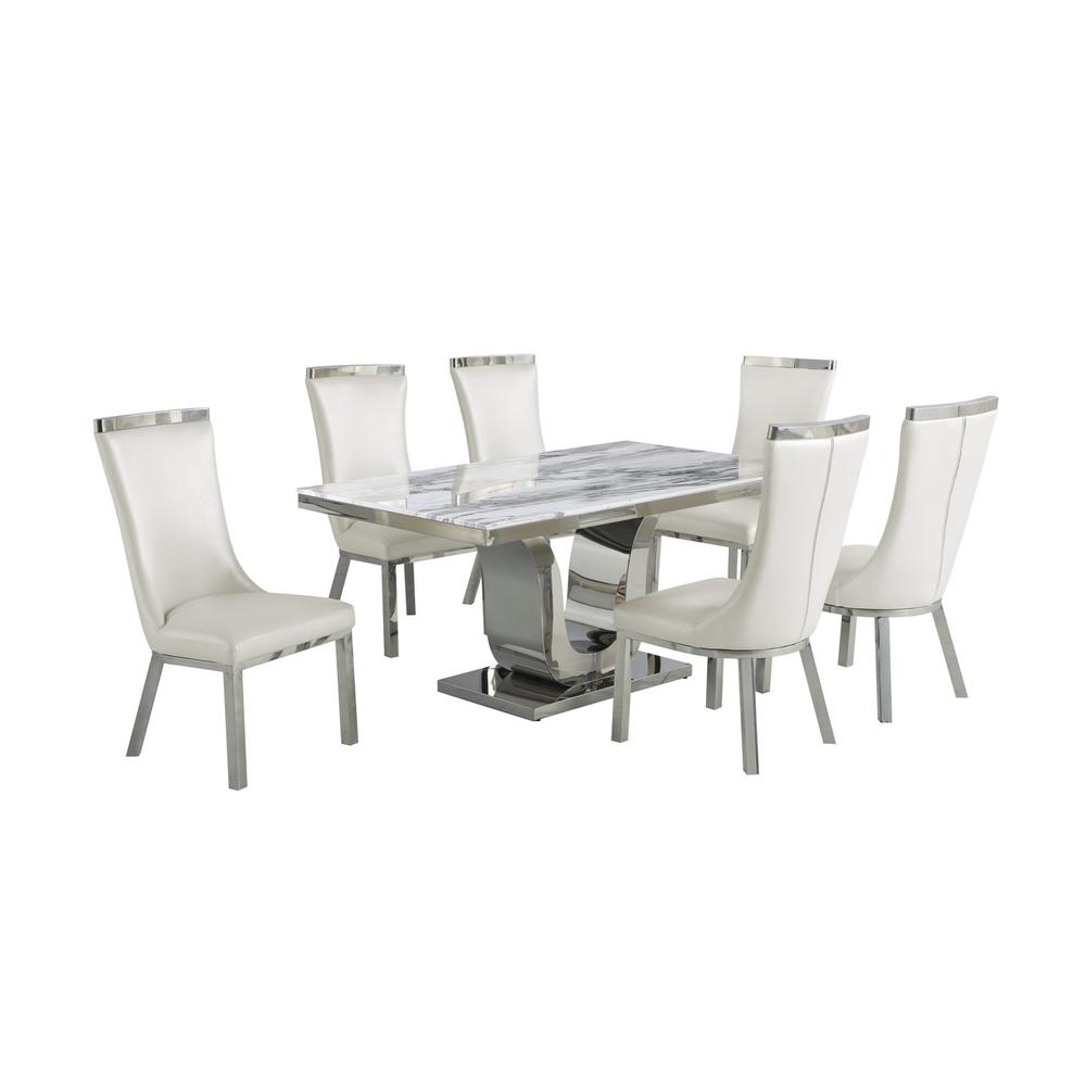 7pc dining set- Recatngle Marble table with a U shape base and 6 side chairs in White faux leather