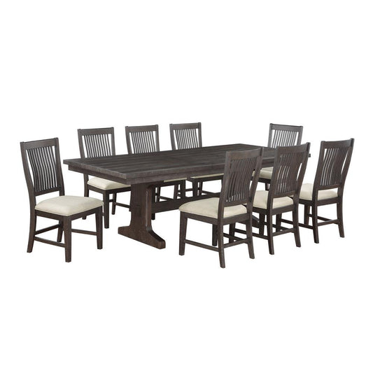 9pc dining set wood with 9 matching beige linen fabric chairs