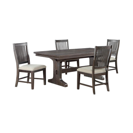 5 piece dining set in rustic brown with beige linen side chairs.