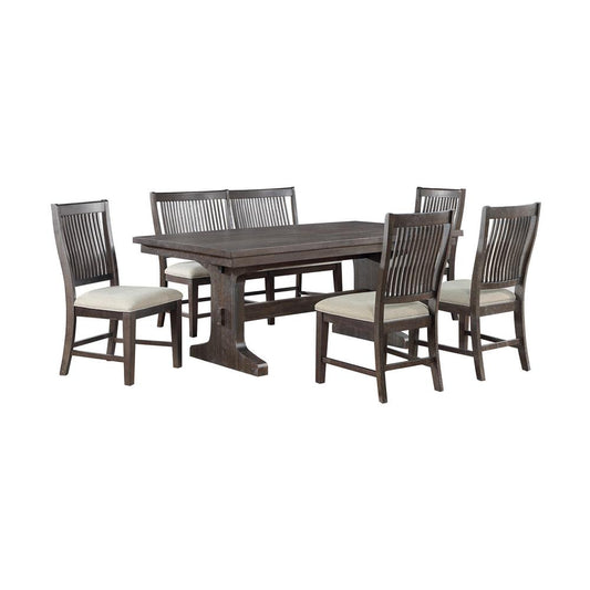 6 piece dining set with 4 beige linen side chairs and single side bench