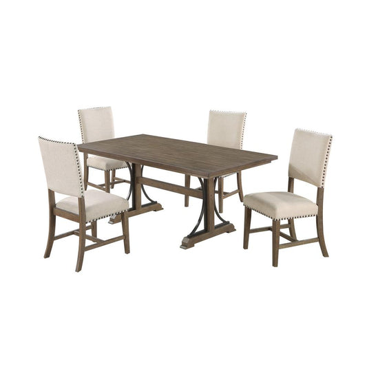 5 piece modern farmhouse dining set in brown oak and beige side chairs