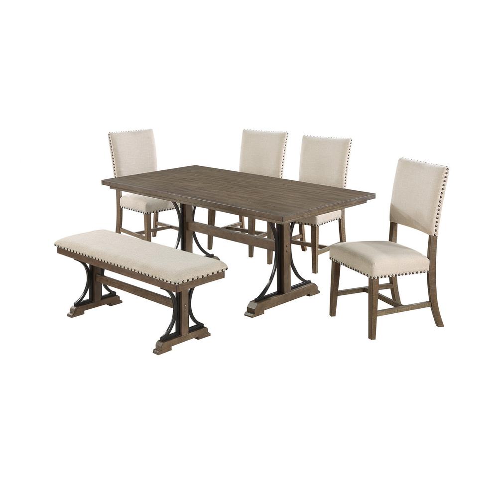 7 piece dining set in brown oak with matching beige linen side chairs and bench