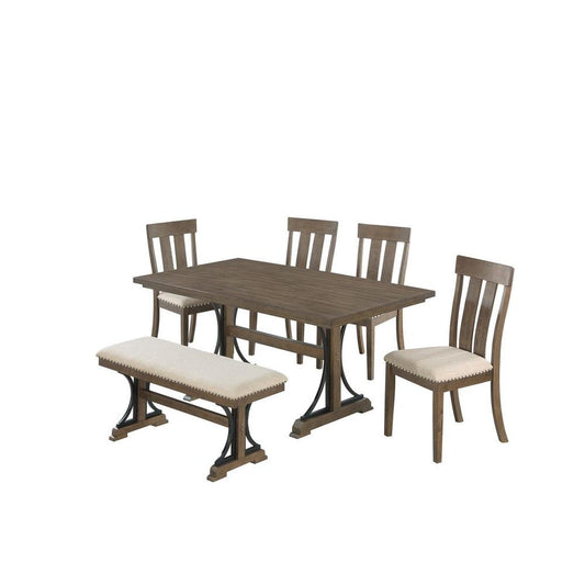 6 piece dining table set in brown oak with 4 side chairs and one dining bench