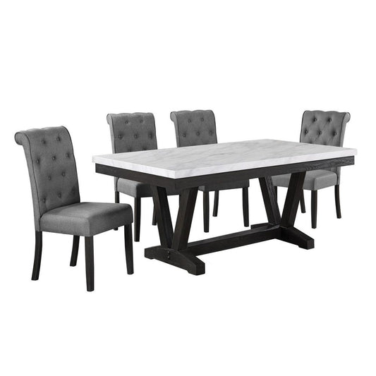 5pc Dining set, Faux Marble Wrap Table set with grey linen dining chairs