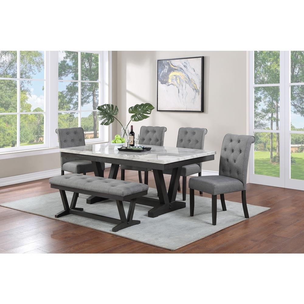 6 pc Dining set Faux Marble Wrap Table set with grey Linen Chairs and one bench