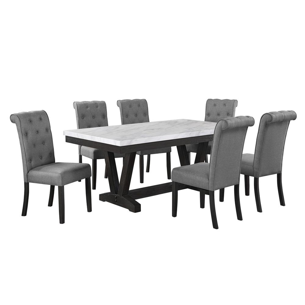 7 pc Dining set Faux Marble Wrap Table set with grey Linen dining chairs