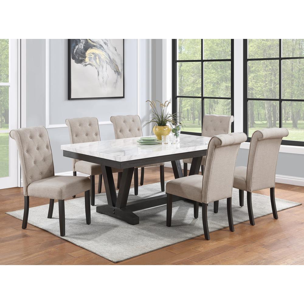 7 pc Dining set Faux Marble Wrap Table set with Beige Linen dining chairs