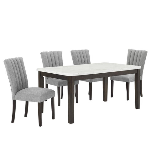 5-piece dining set with one white faux marble table and 4 dark grey side chairs