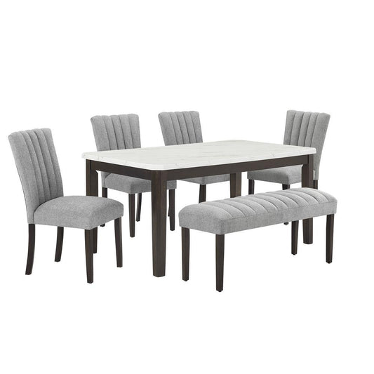 6-piece dining set with 1 white table, 4 side chairs, and 1 bench