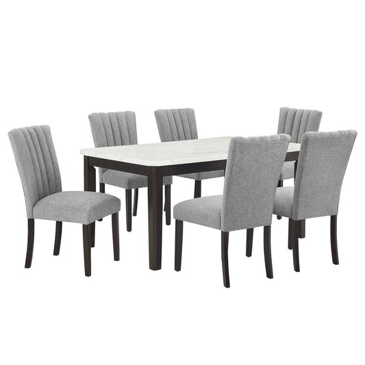 7-piece dining set with 1 white faux marble table and 6 dark grey side chairs