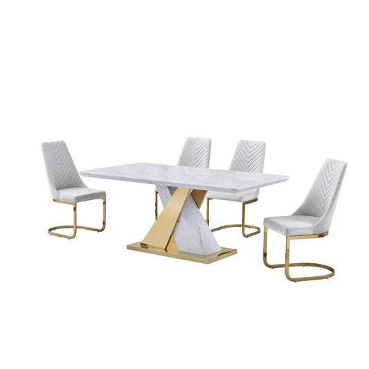 5pc white faux marble dining set with 4 cream velvet chairs