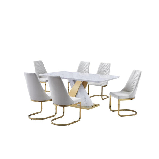 7pc white faux marble set with 6 cream velvet chairs