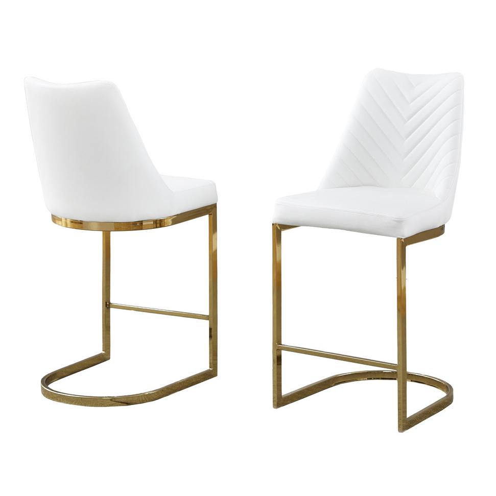 White faux leather counter height chairs with gold chrome base (Set of 2)