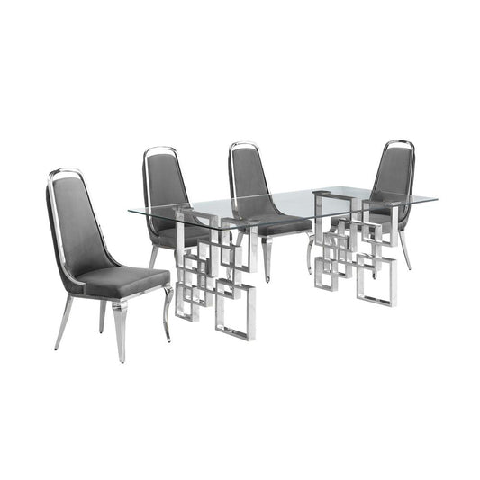 5-piece glam dining set with 4 Dark grey chairs and one 79"L glass dining table