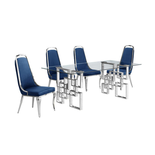 5-piece glam dining set with 4 Navy blue chairs and one 79"L glass dining table