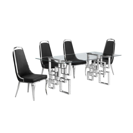 5-piece glam dining set with 4 Black side chairs and one 79"L glass dining table