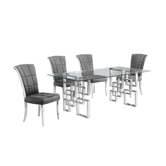 5-piece glam dining set with 4 dark grey chairs and a 79" long glass  table