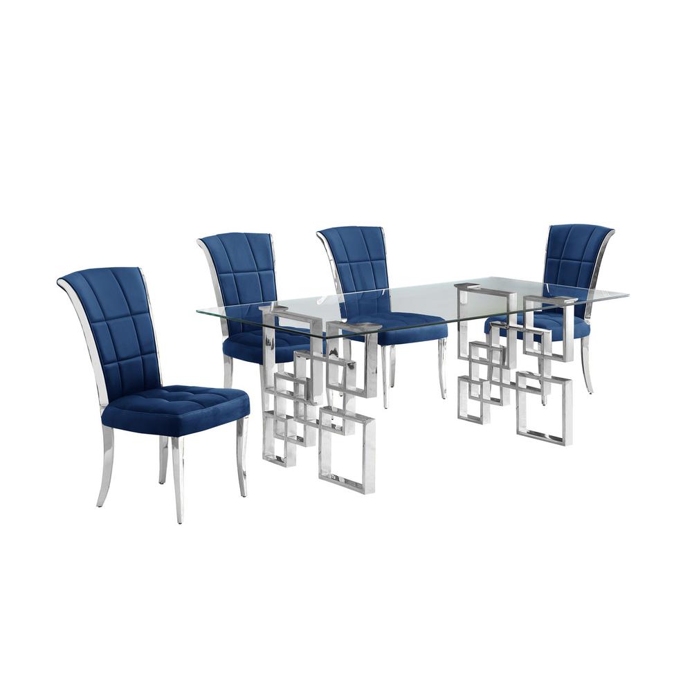 5-piece glam dining set with 4 navy blue chairs and a 79" long glass  table