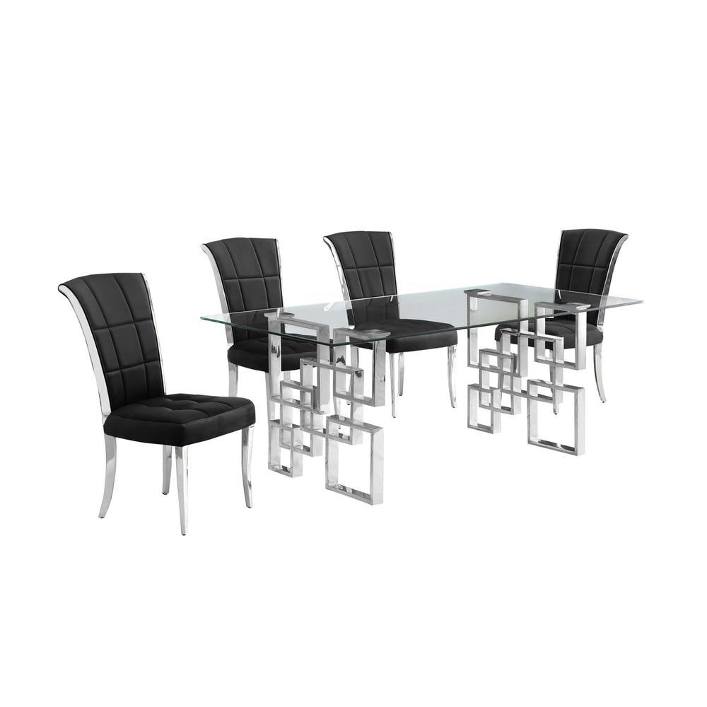 5-piece glam dining set with 4 black chairs and a 79" long glass  table