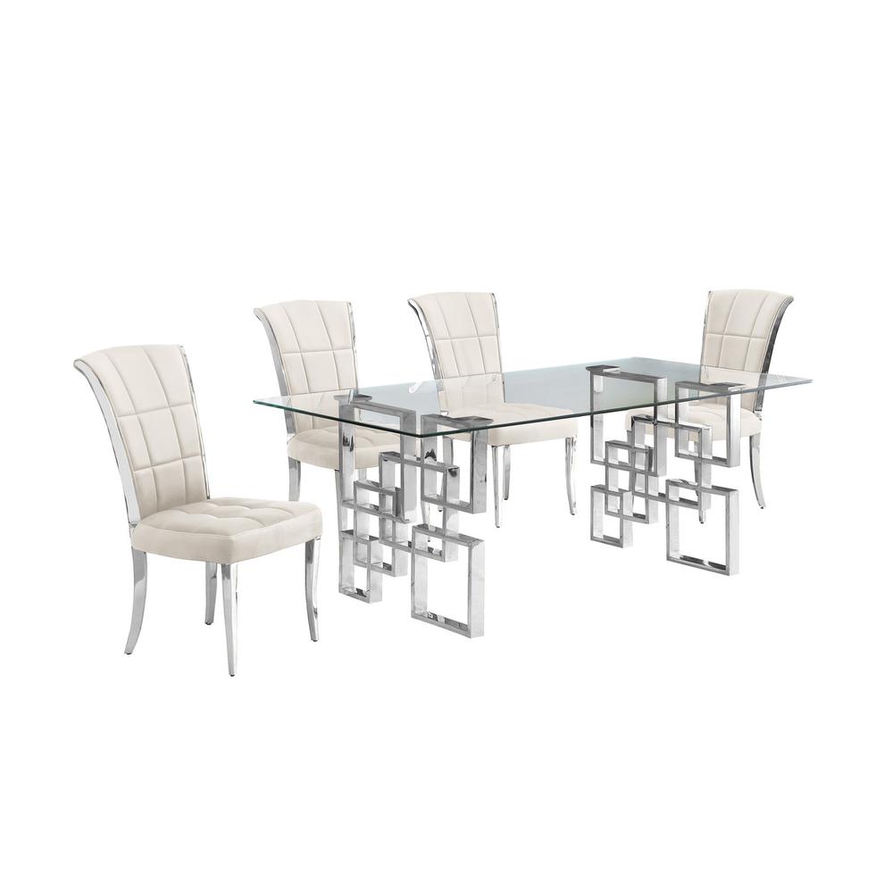 5-piece glam dining set with 4 cream chairs and a 79" long glass  table