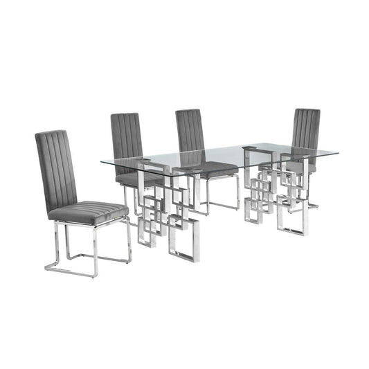 5-piece glam dining set with 4 Dark grey chairs and one 79" glass  table