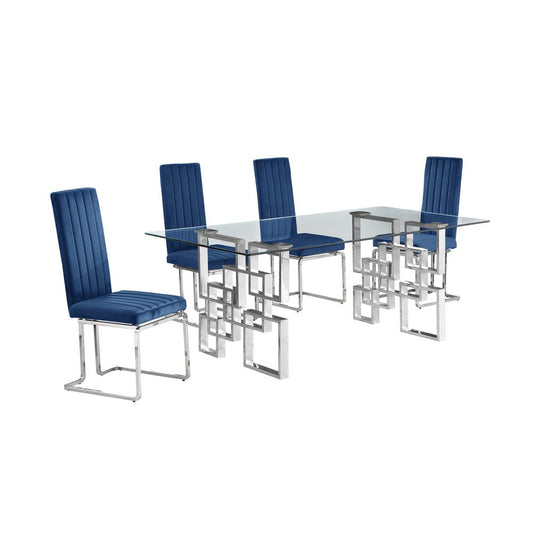 5-piece glam dining set with 4 Navy blue chairs and one 79" glass  table