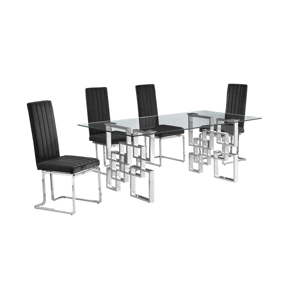 5-piece glam dining set with 4 Black chairs and one 79" glass  table