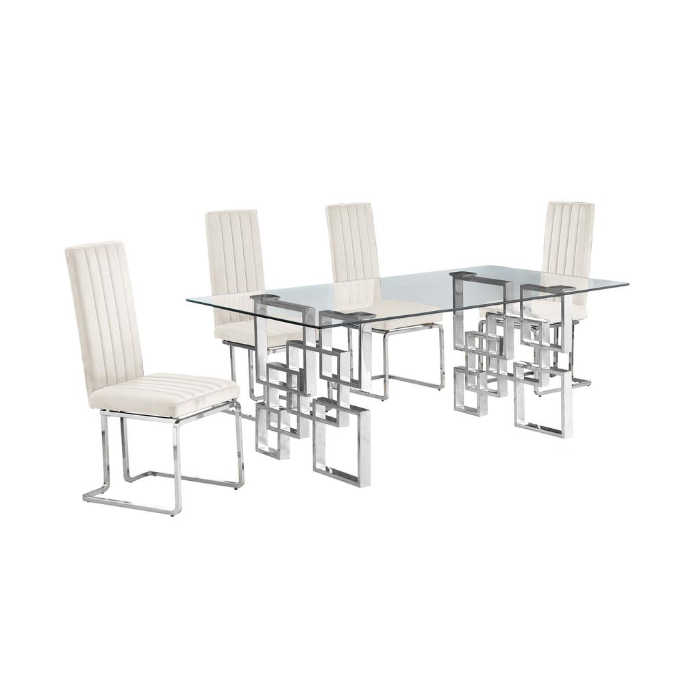 5-piece glam dining set with 4 Cream chairs and one 79" glass  table