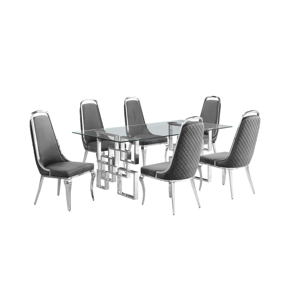 7-piece glam dining set with  6 Dark grey chairs and one 79" glass dining table