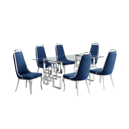 7-piece glam dining set with  6 Navy blue chairs and one 79" glass dining table