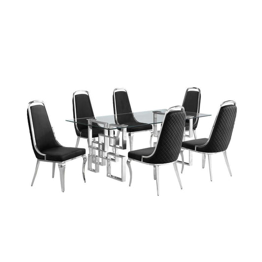 7-piece glam dining set with  6 Black side chairs and one 79" glass dining table