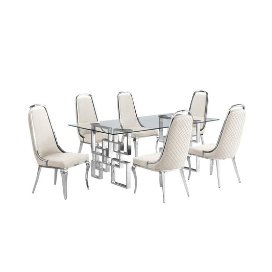 7-piece glam dining set with  6 Cream side chairs and one 79" glass dining table