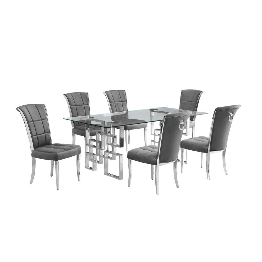 7-piece glam dining set with 6 dark grey chairs and a 79" long glass  table