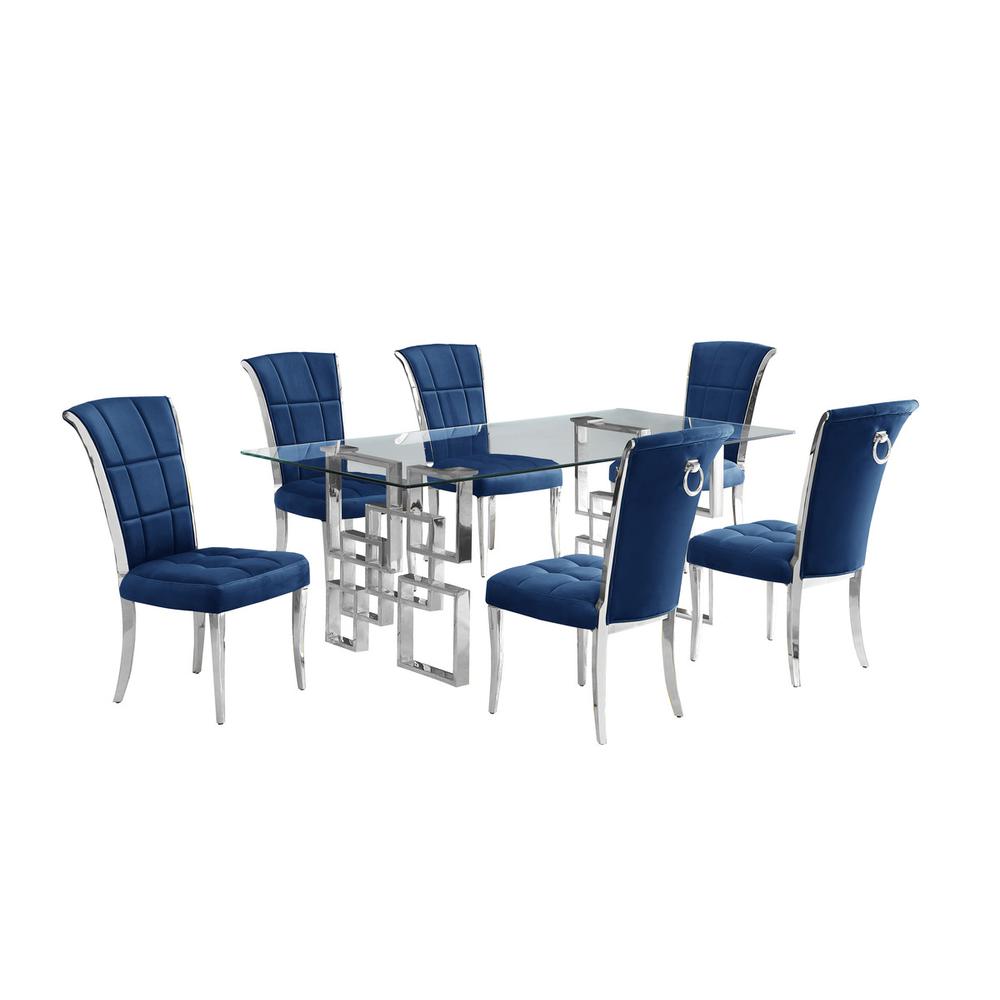 7-piece glam dining set with 6 navy blur chairs and a 79" long glass  table