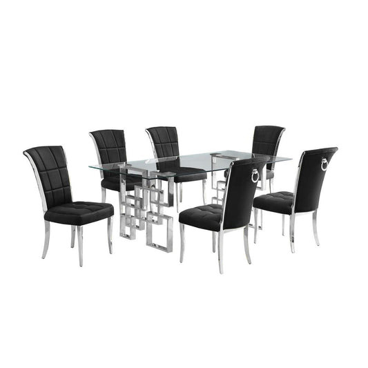 7-piece glam dining set with 6 black chairs and a 79" long glass  table