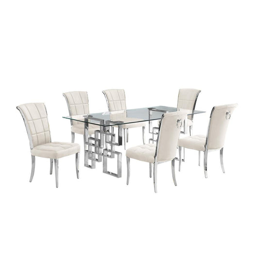 7-piece glam dining set with 6 cream chairs and a 79" long glass dinng table