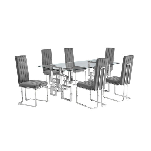 7-piece glam dining set with 6 Dark grey chairs and one 79" glass  table