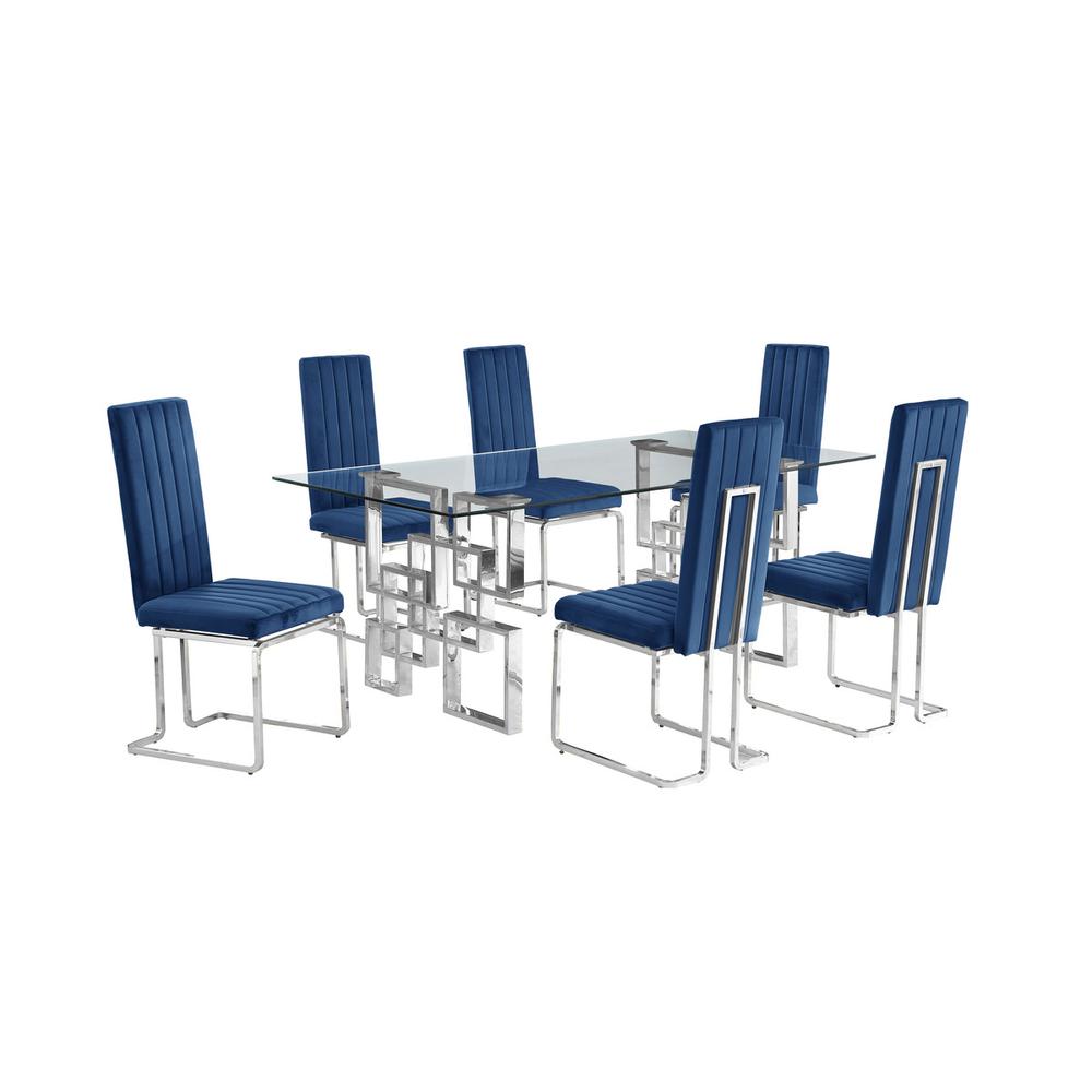 7-piece glam dining set with 6 Navy blue chairs and one 79" glass  table