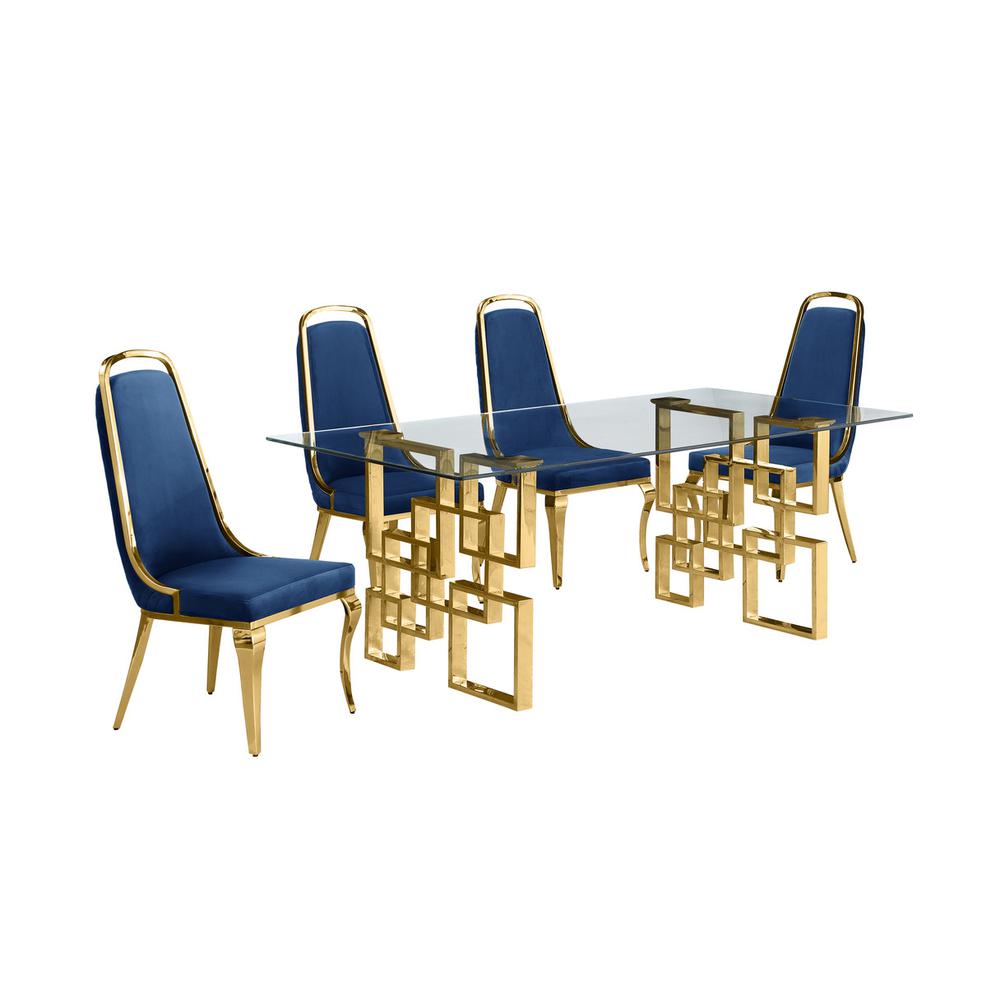 5-piece glam dining set with 4 Navy blue chairs and one 79" glass dining table