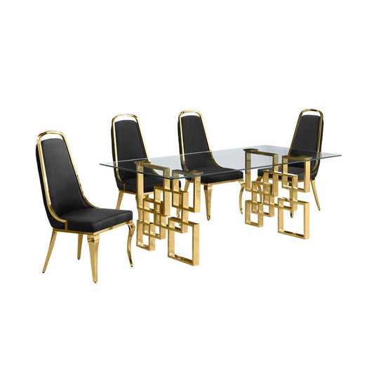 5-piece glam dining set with 4 Black side chairs and one 79" glass dining table