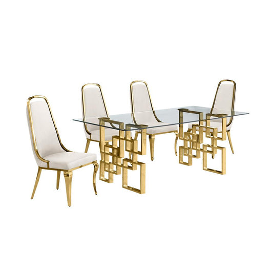 5-piece glam dining set with 4 Cream side chairs and one 79" glass dining table