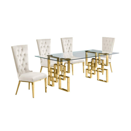 5-piece glam dining set with 4 cream side chiars and a 79" long glass  table