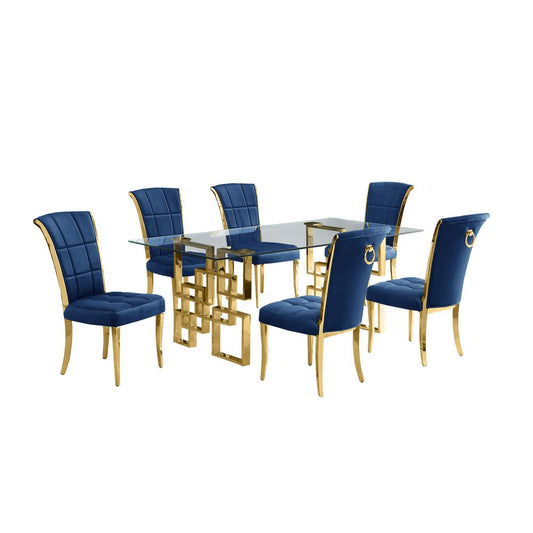 7-piece glam dining set with 6 navy blue chairs and a 79" long glass  table