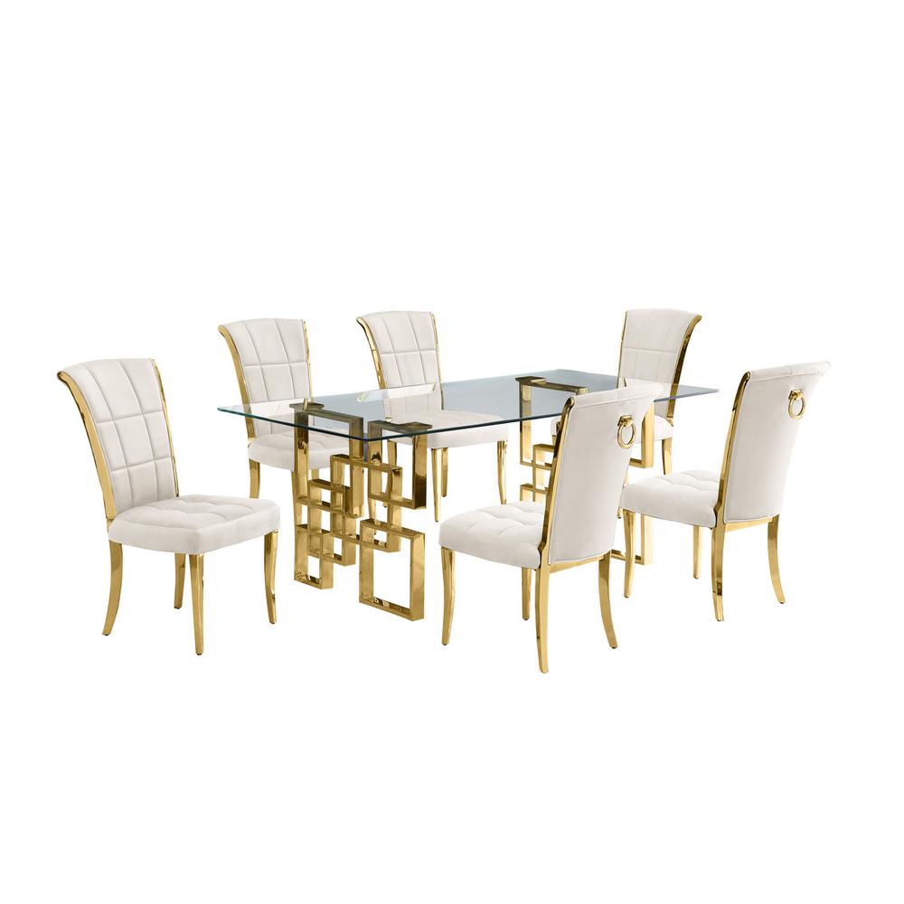 7-piece glam dining set with 6 cream chairs and a 79" long glass  table