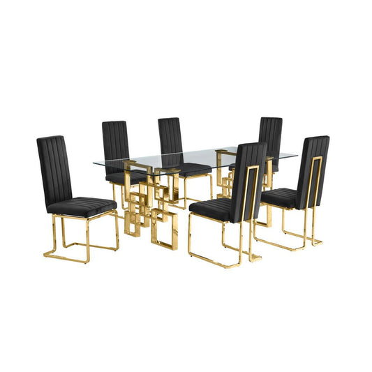 7-piece glam dining set with 6 Black chairs and one 79" glass  table