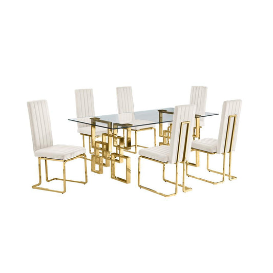 7-piece glam dining set with 6 Cream chairs and one 79" glass  table