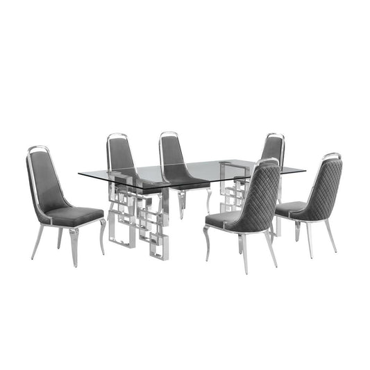 7-piece glam dining set with 6 Dark grey chairs and one 95" glass dining table