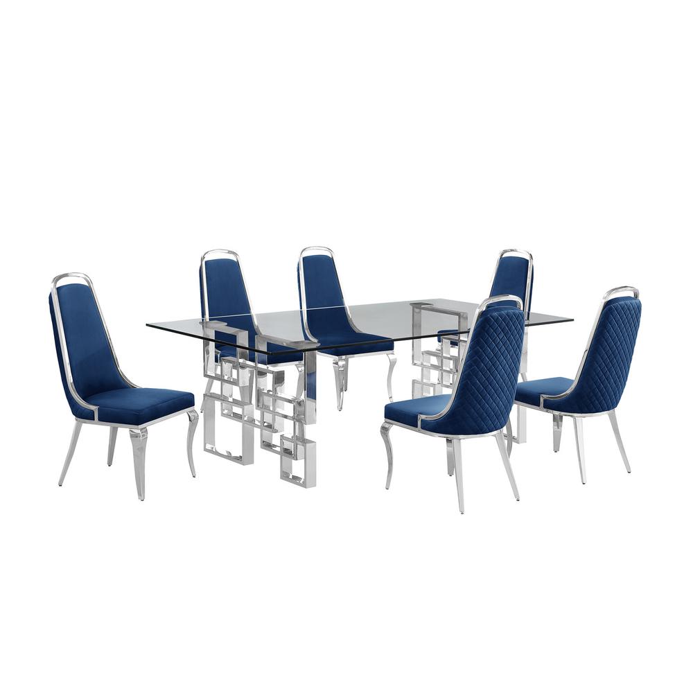 7-piece glam dining set with 6 Navy blue chairs and one 95" glass dining table