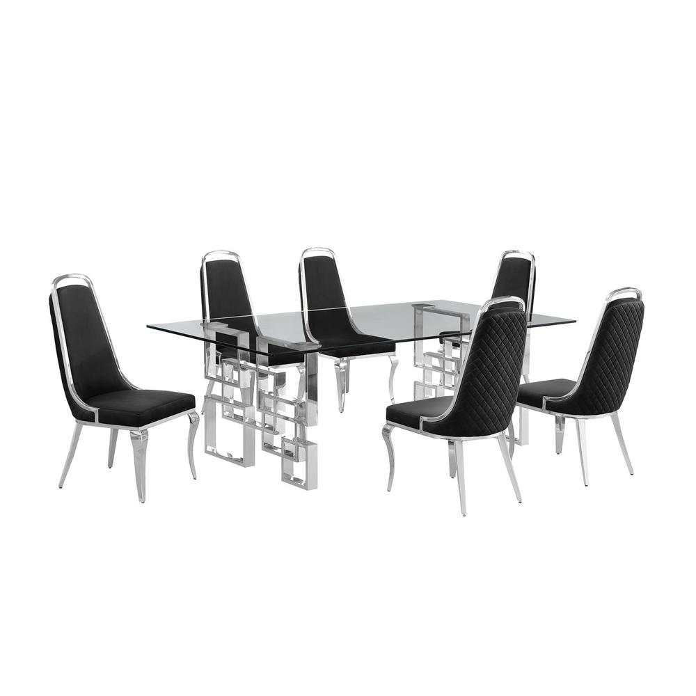 7-piece glam dining set with 6 Black side chairs and one 95" glass dining table